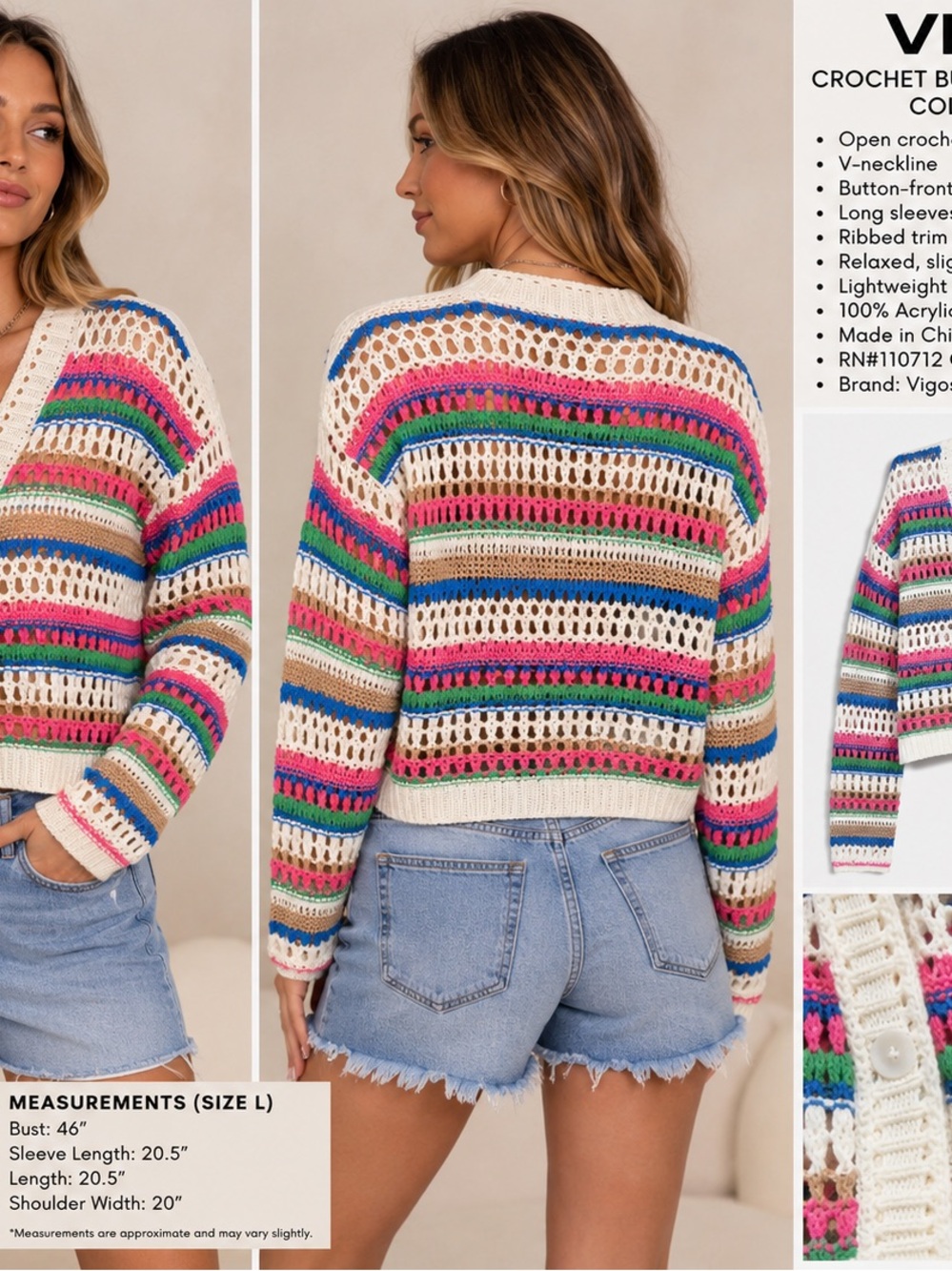 Vigoss Multicolor Crochet V-Neck Button-Front Sweater